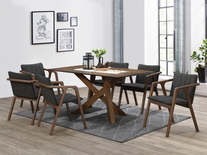 Modern dining room containing Cruz 7PCE Hardwood Dining Set in walnut and black fabric
