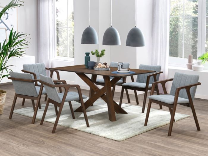 Modern dining room containing Cruz 7PCE Hardwood Dining Set in walnut and grey fabric