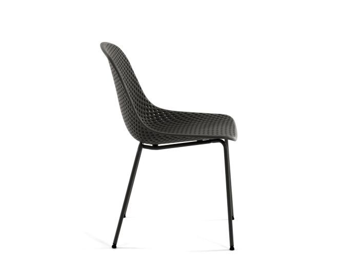 side view of modern Darby outdoor dining chair in black with bucket seat