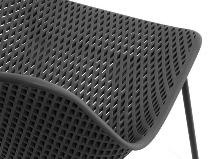 close up view of modern Darby outdoor dining chair in black with bucket seat