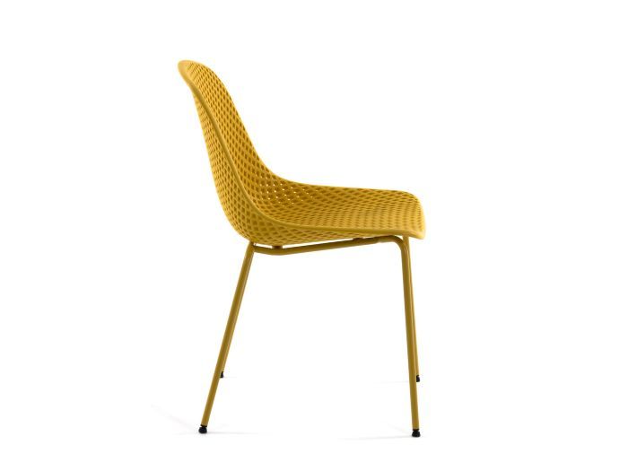 side photo of the Darby outdoor dining chair in yellow with bucket seat
