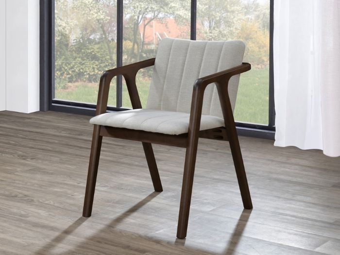 modern dining room containing elm hardwood chair in walnut and beige fabric