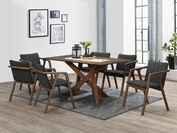 modern dining room containing elm hardwood chair in walnut and beige fabric