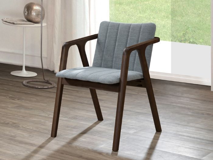 modern dining room containing elm hardwood chair in walnut and grey fabric