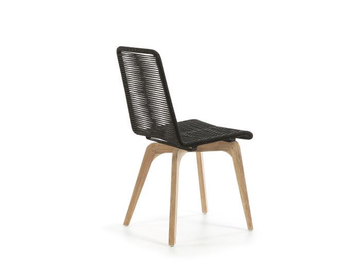 side view of modern Emir outdoor dining chair with hardwood legs and black rope seat