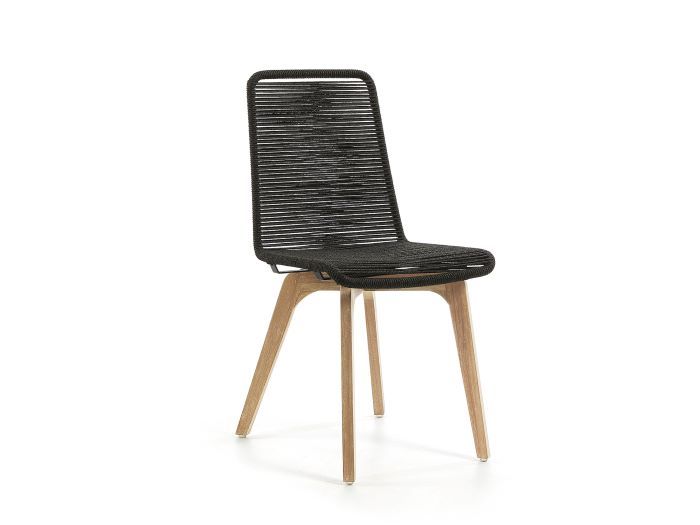 Photo of modern Emir outdoor dining chair with hardwood legs and black rope seat