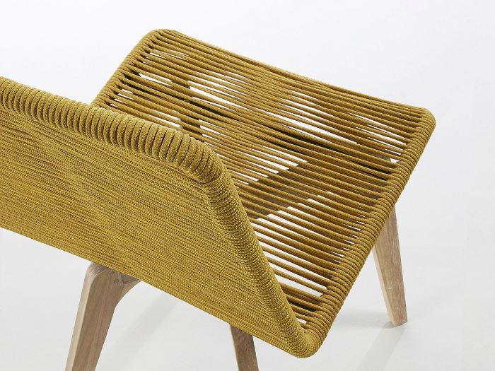 close up photo of Emir hardwood outdoor dining chair in mustard