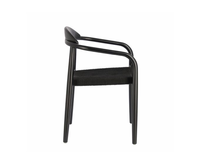 side photo of Ezra outdoor dining chair in black with black rope