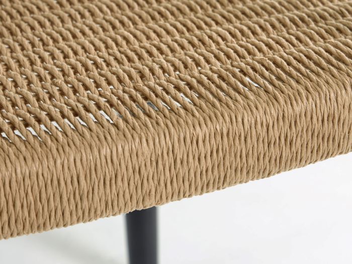 close up photo of Ezra outdoor dining chair in black with natural rope
