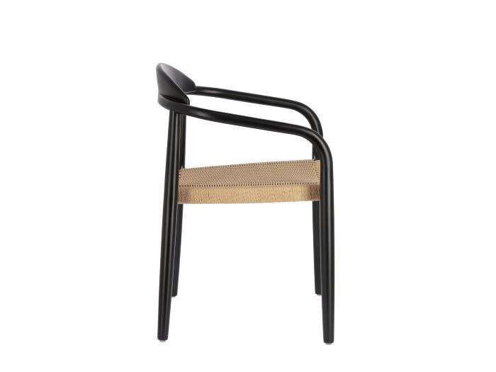 side photo of Ezra outdoor dining chair in black with natural rope