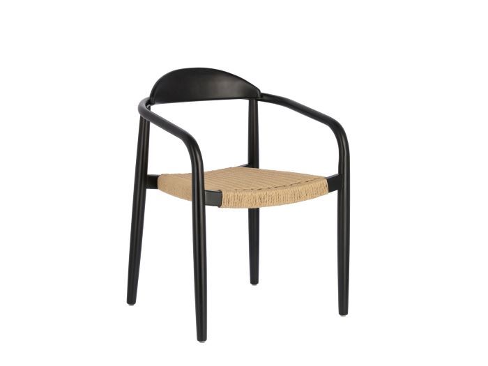 front photo of Ezra outdoor dining chair in black with natural rope