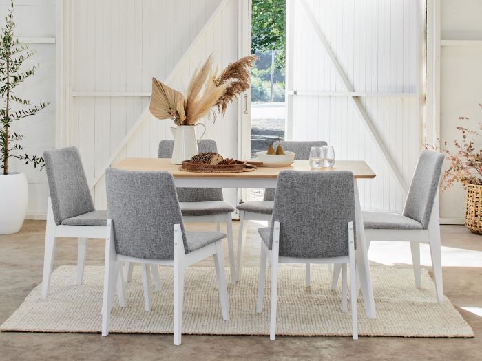 Modern Dining space containing Finn 7PCE hardwood dining set in white and grey