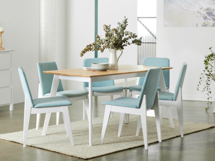 Modern dining room containing Finn 7pce hardwood dining set in natural and aqua with finn hardwood dining chairs