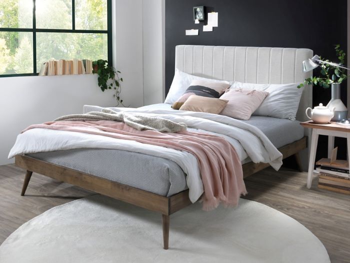 Modern bedroom containing Franki 2PCE upholstered headboard and hardwood bed base walnut and beige