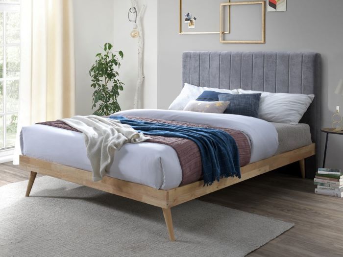 Modern bedroom containing Franki 2PCE upholstered headboard and hardwood bed base natural and grey