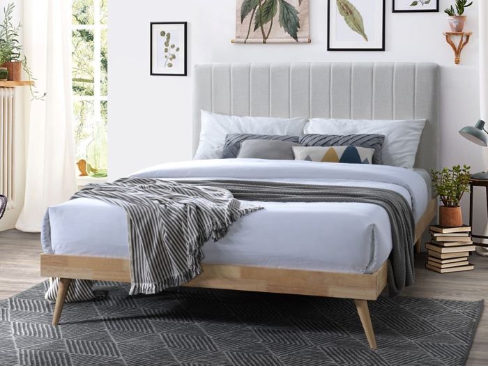 Modern bedroom containing Franki queen bed base in natural hardwood