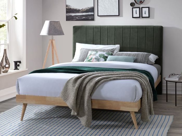 Modern bedroom containing Franki 2PCE upholstered headboard and hardwood bed base natural and green