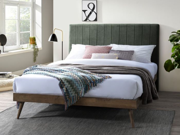 Modern bedroom containing Franki 2PCE upholstered headboard and hardwood bed base walnut and green