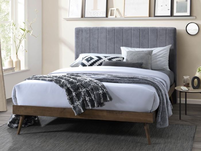 Modern bedroom containing Franki 2PCE upholstered headboard and hardwood bed base walnut and grey