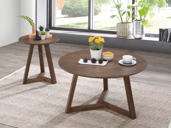 Modern living room containing Franki round hardwood side table in walnut