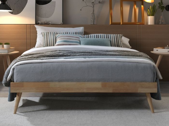 Modern bedroom containing Franki queen bed base in natural hardwood
