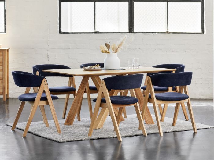 Gaudi 7pce Dining Set Natural, Navy Blue Chairs Dining