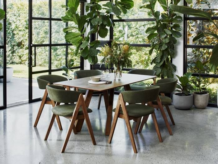 photo of Gaudi walnut dining table with Gaudi hardwood dining chairs in green fabric