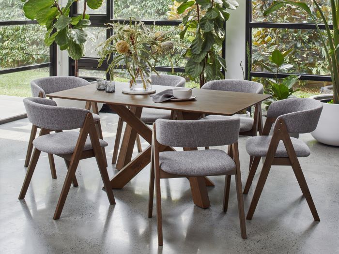 Photo of modern dining room containing Gaudi 7PCE Hardwood Dining Set in walnut and grey