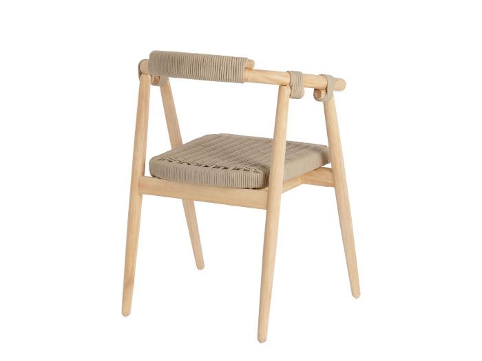 back view of modern idris outdoor dining chair with hardwood legs and beige rope seat