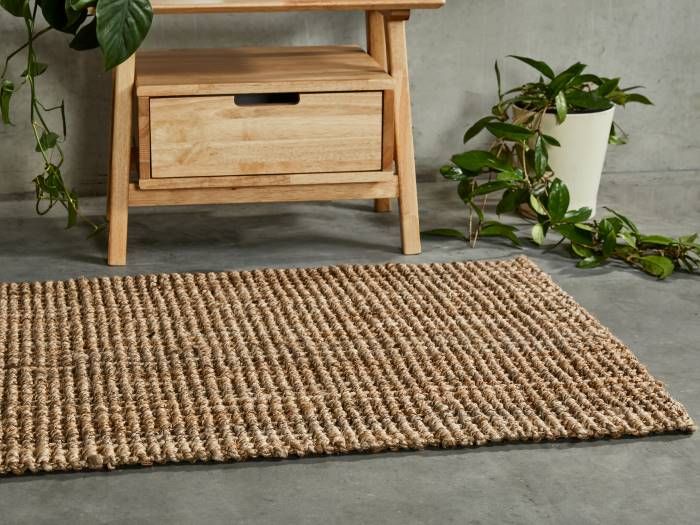 Close up photo of Jude Jute Hallway Runner with modern Rome Bedside Table