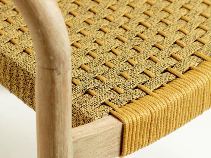 close up of julia outdoor dining chair with yellow rope