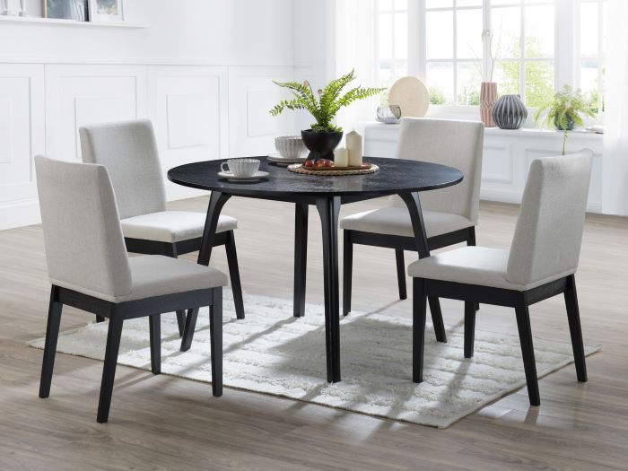 Modern dining room containing Kotor 5PCE Round Black Hardwood Dining Set with Beige Fabric