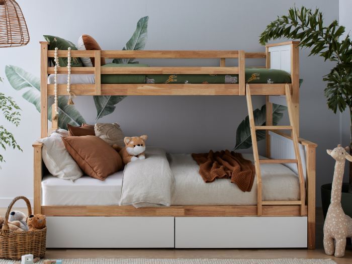 photo of Myer Triple Bunk in white/natural with storage in modern bedroom