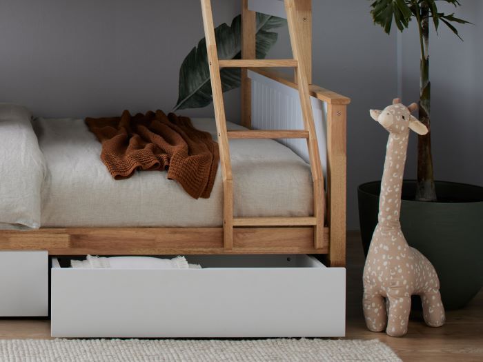 close up of ladder and storage drawer on Myer Kids Triple Bunk in White and Natural