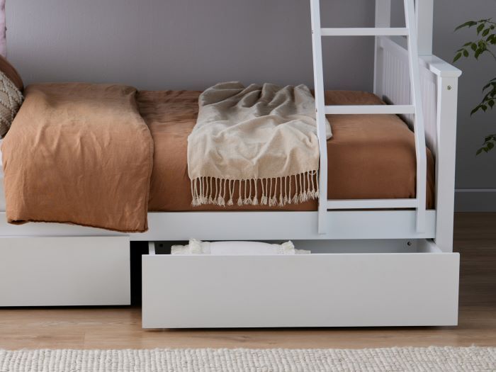 Close up of room with Modern kids bedroom furniture containing Myer White Triple Bunk Bed with Storage Drawers 