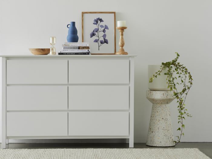 front view of Myer hardwood white low chest of drawers in modern setting