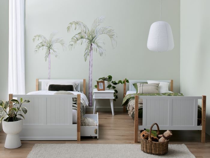photo of Myer King Single bunk bed in white/natural with storage drawers split into two beds in modern bedroom