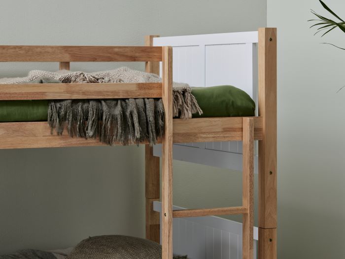 close up detailed photo of Myer King Single bunk bed in white/natural with storage drawers