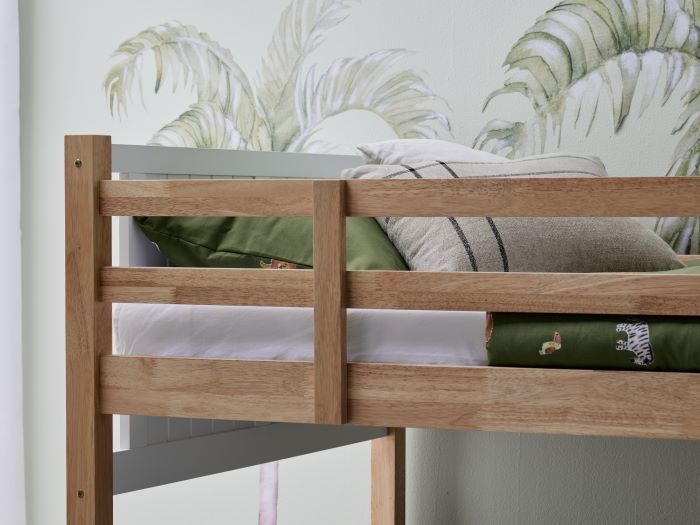 close up detailed photo of Myer King Single bunk bed in white/natural with storage drawers