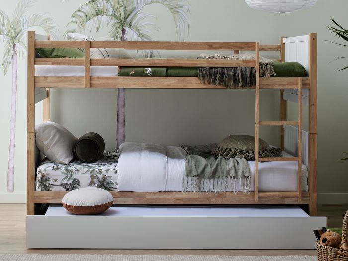 photo of Myer King single bunk bed with trundle in white/natural in modern living room