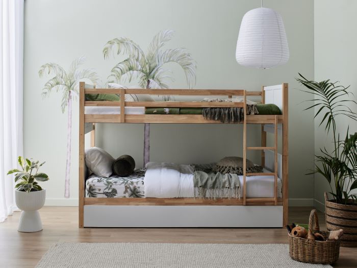 photo of Myer King single bunk bed with trundle in white/natural in modern living room