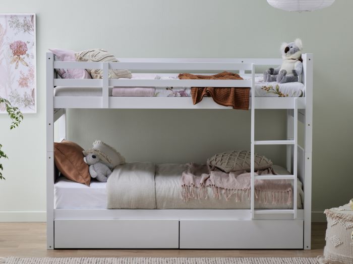 room with modern kids bedroom furniture containing Myer White Single Bunk Bed with Storage Drawers