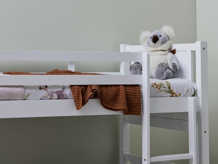 Close up of room with modern kids bedroom furniture containing Myer White Single Bunk Bed with Storage Drawers