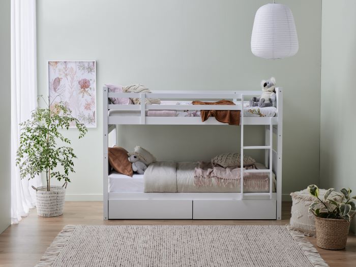 room with modern kids bedroom furniture containing Myer White Single Bunk Bed with Storage Drawers