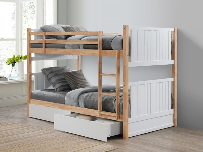 photo of Myer King Single bunk bed in white/natural with storage drawers out in modern bedroom