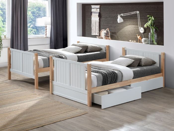 photo of Myer King Single bunk bed in white/natural with storage drawers split into two beds in modern bedroom