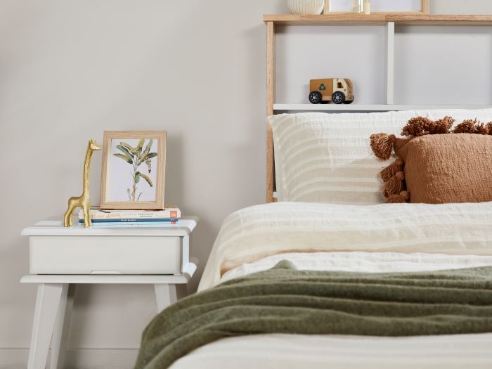 photo of Myer King Single bed in Natural hardwood with storage with Ari bedside table in white