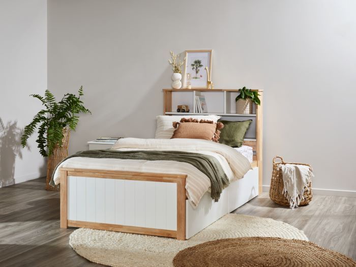 Myer Natural White King Single Bed, King Single Bed With Headboard Storage