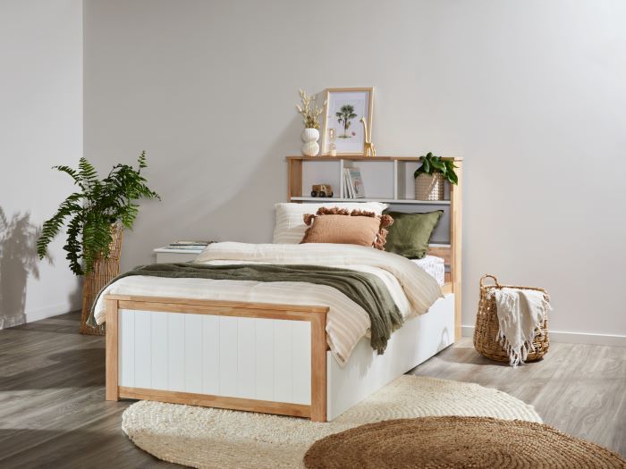 Side View of Modern bedroom furniture containing Myer Natural & White King Single Bed with Trundle & Bookshelf