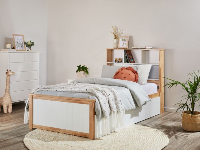 Close up View of  Modern Toddler Bedroom Furniture containing Myer 4PCE Natural & White Single Bedroom Suite with Storage